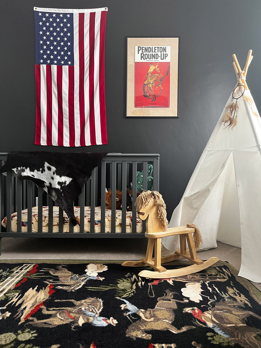 Retro Cowboy Green & Black Vintage Western Rug