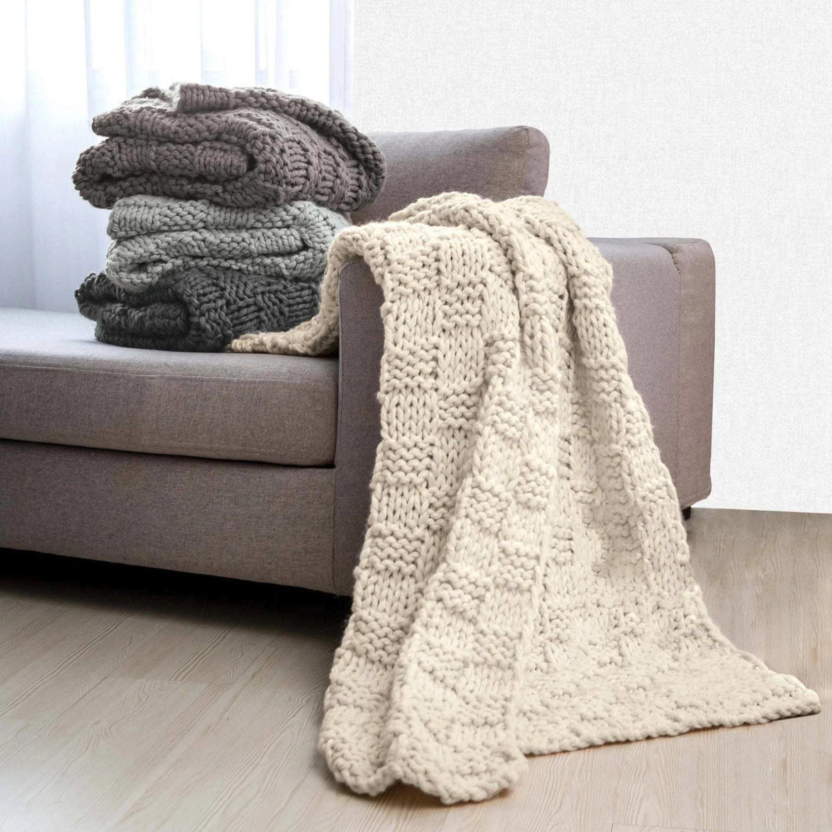 Hand Knitted Chess Throw in Natural