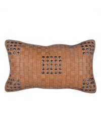 Soft Tan Basket Weave Genuine Leather Pillow with stud accents