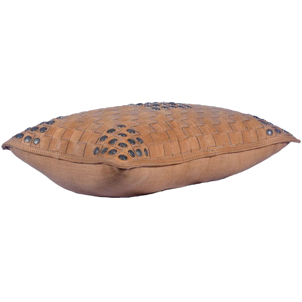 Soft Tan Basket Weave Genuine Leather Pillow with stud accents  Edit alt text