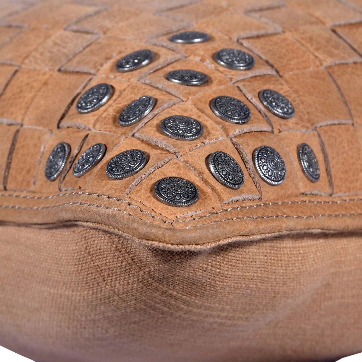Soft Tan Basket Weave Genuine Leather Pillow with stud accents  Edit alt text