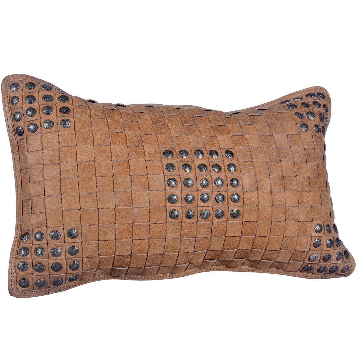 Soft Tan Basket Weave Genuine Leather Pillow with stud accents  Edit alt text