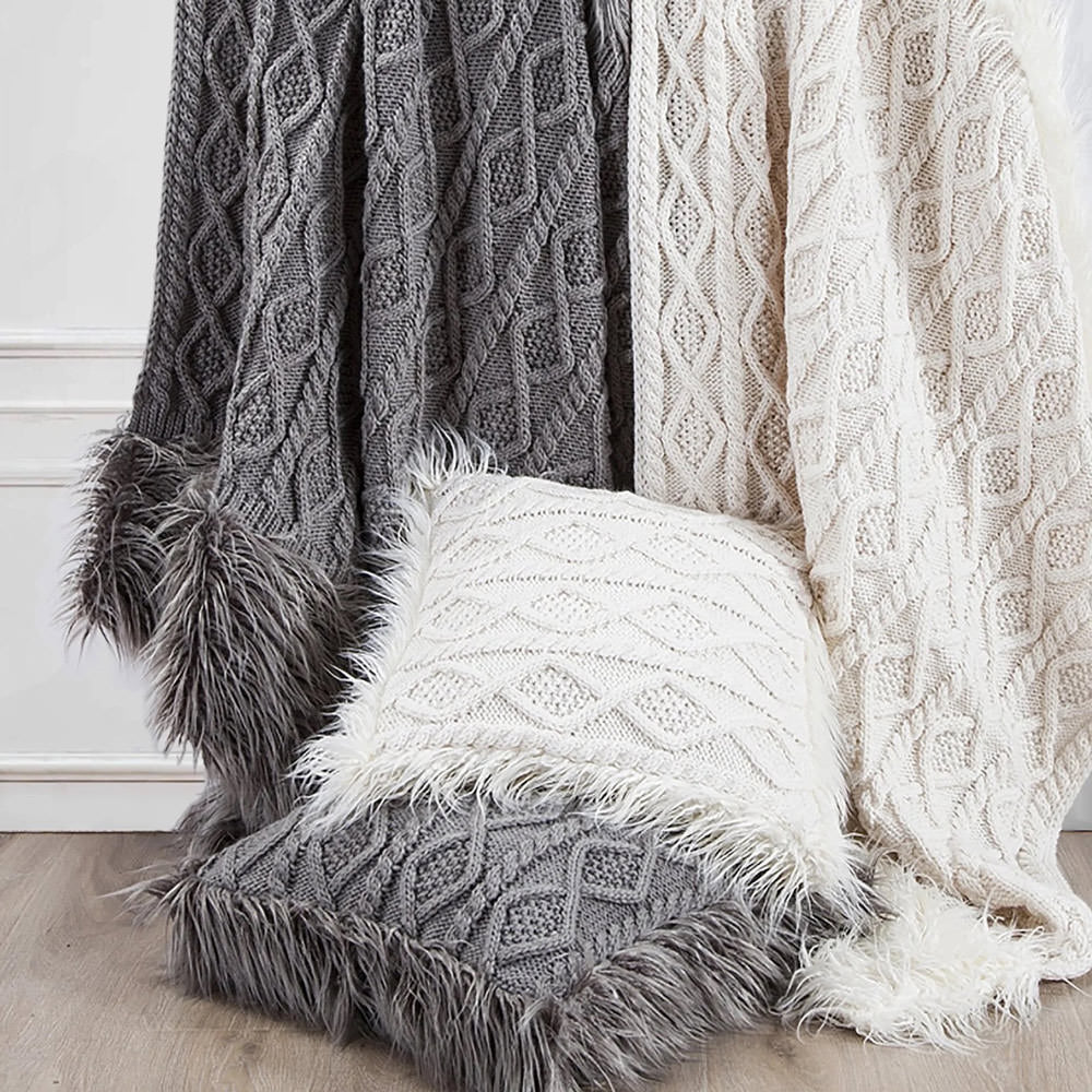 Nordic Cable Knit & Mongolian Fur Throw Pillow