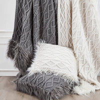 Nordic Cable Knit & Mongolian Fur Throw Pillow