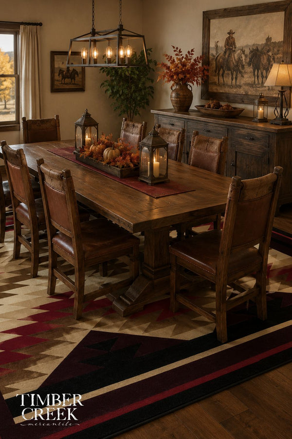 A rustic wooden dining table with matching wooden chairs in a styled dining room. The table has a distressed medium-brown finish, and the chairs feature brown leather or faux-leather upholstery.