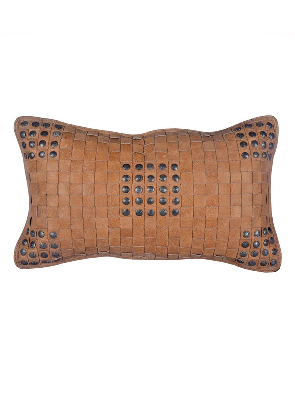 Soft Tan Basket Weave Genuine Leather Pillow with stud accents