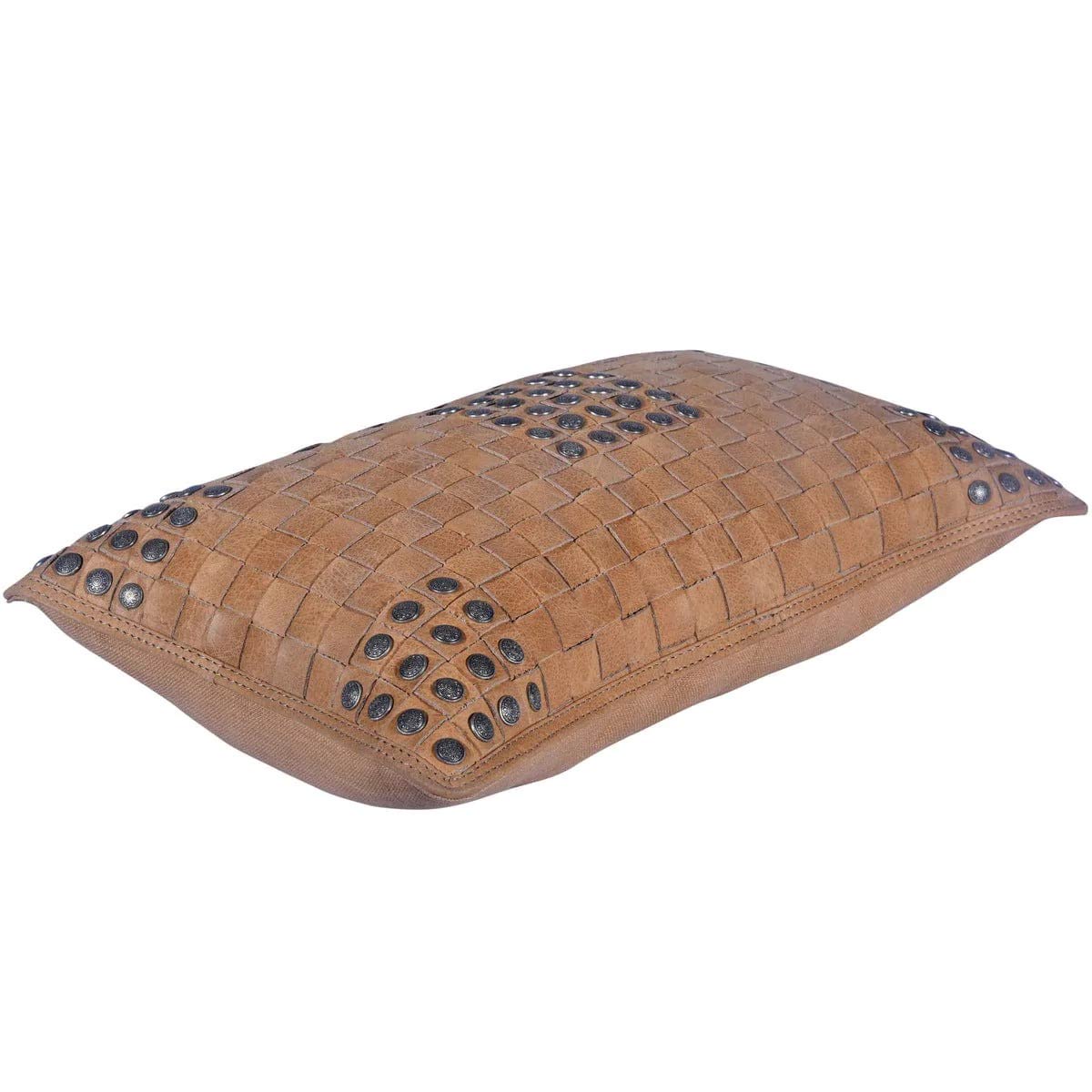Soft Tan Basket Weave Genuine Leather Pillow with stud accents  Edit alt text