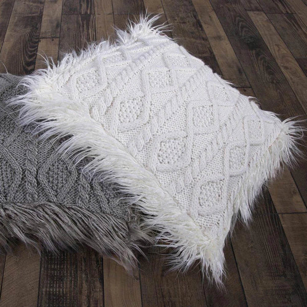 Nordic Cable Knit & Mongolian Fur Throw Pillow