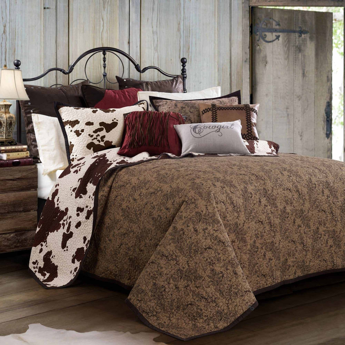 Western Cowhide Bedding Set in Chocolate reversed quilt