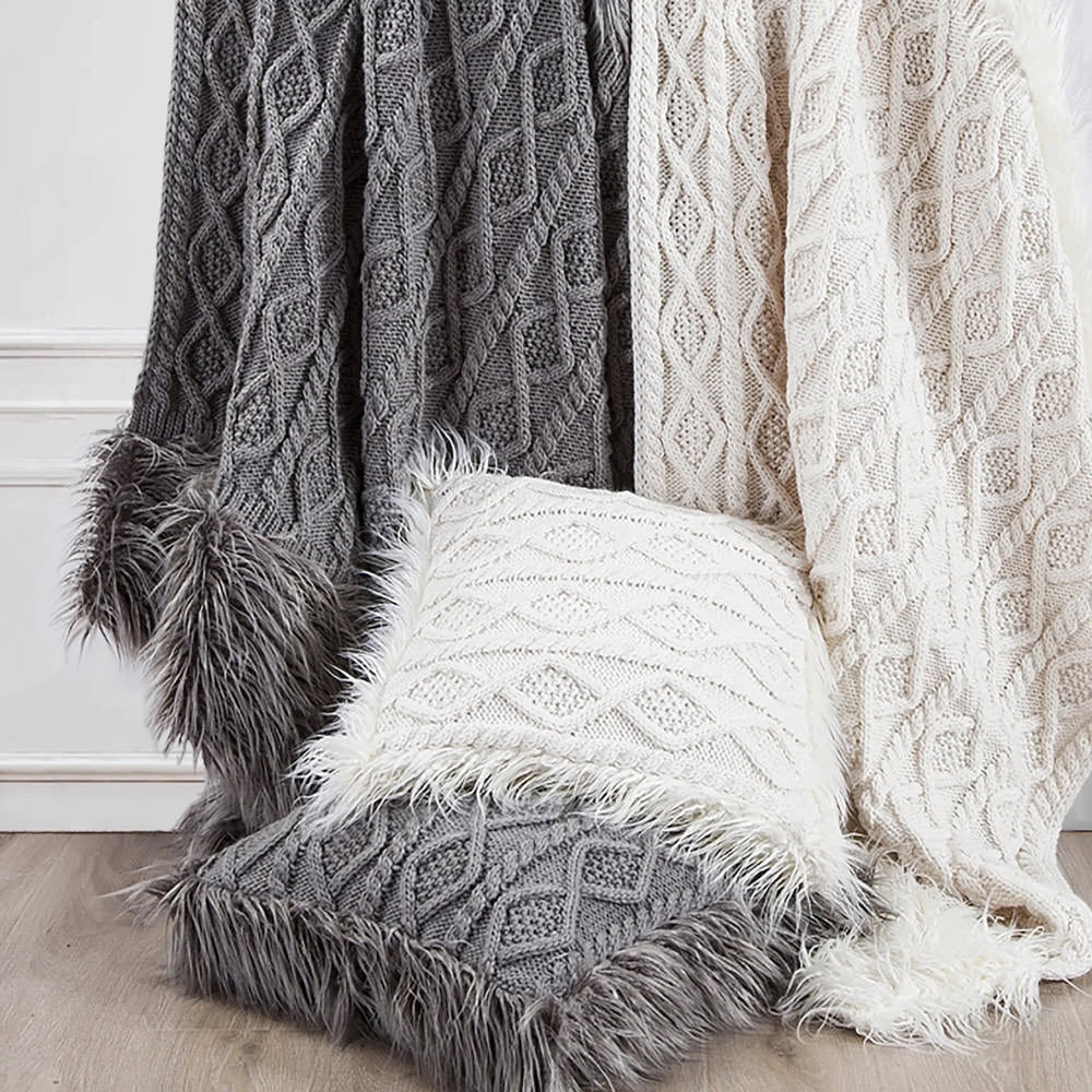 Nordic Cable Knit and Mongolian Fur throw blanket